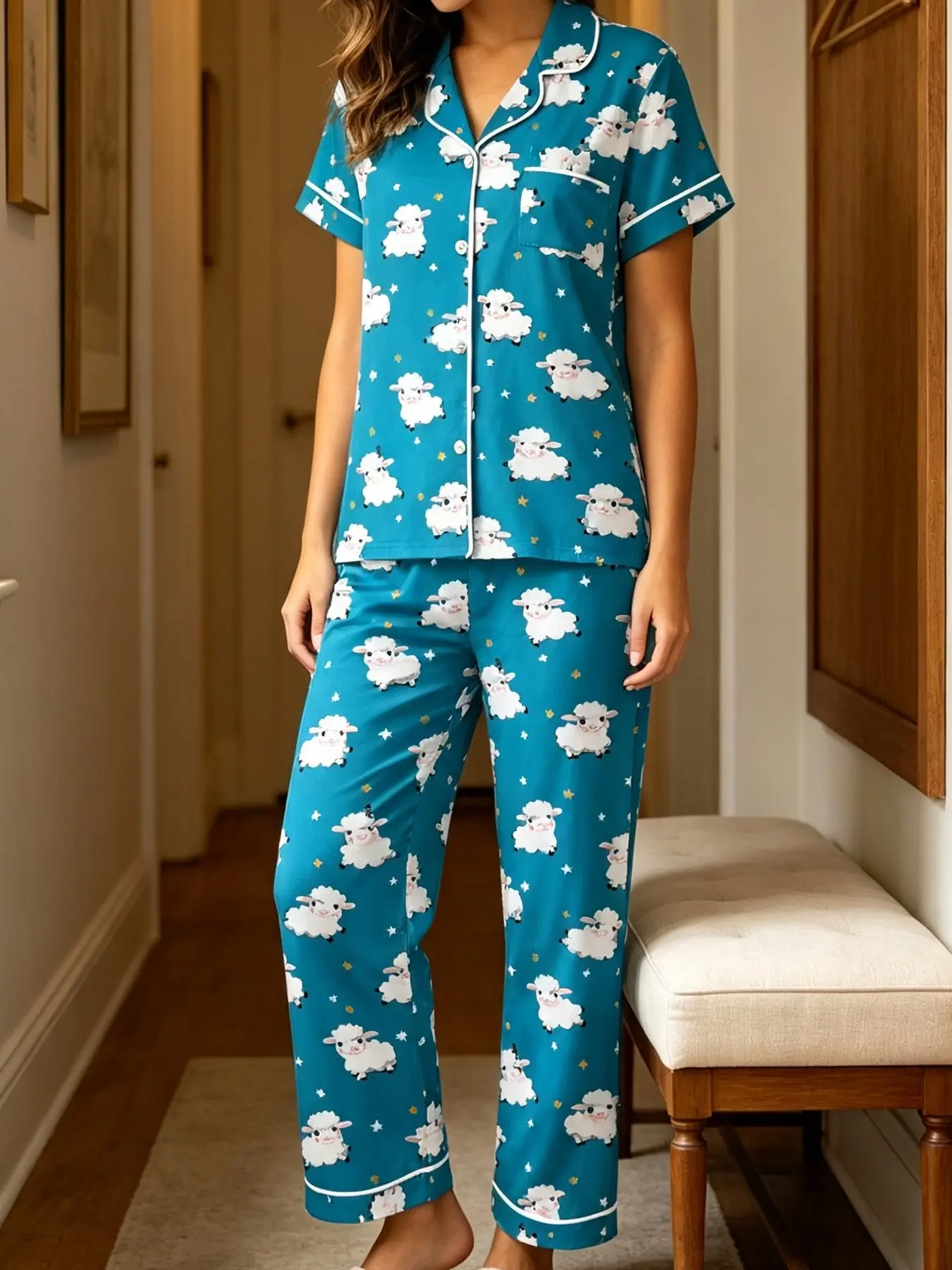 Women's 2-Piece Fall Winter Pajama Set, Short Sleeve Button-Up Shirt and Pants, Casual Home Wear, Blue Sheep Print, Ankle Length