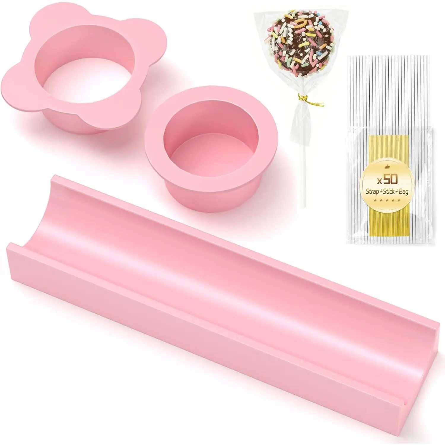 [Summer Essentials]Round Cake Pop Mold Set with 50PCS Sticks Bags Ties,1.75 Inch Cake Pop Cutter and Pusher,Dishwasher Safe Baking Molds for Birthday Wedding Kids Party Desserts-Pinkgift