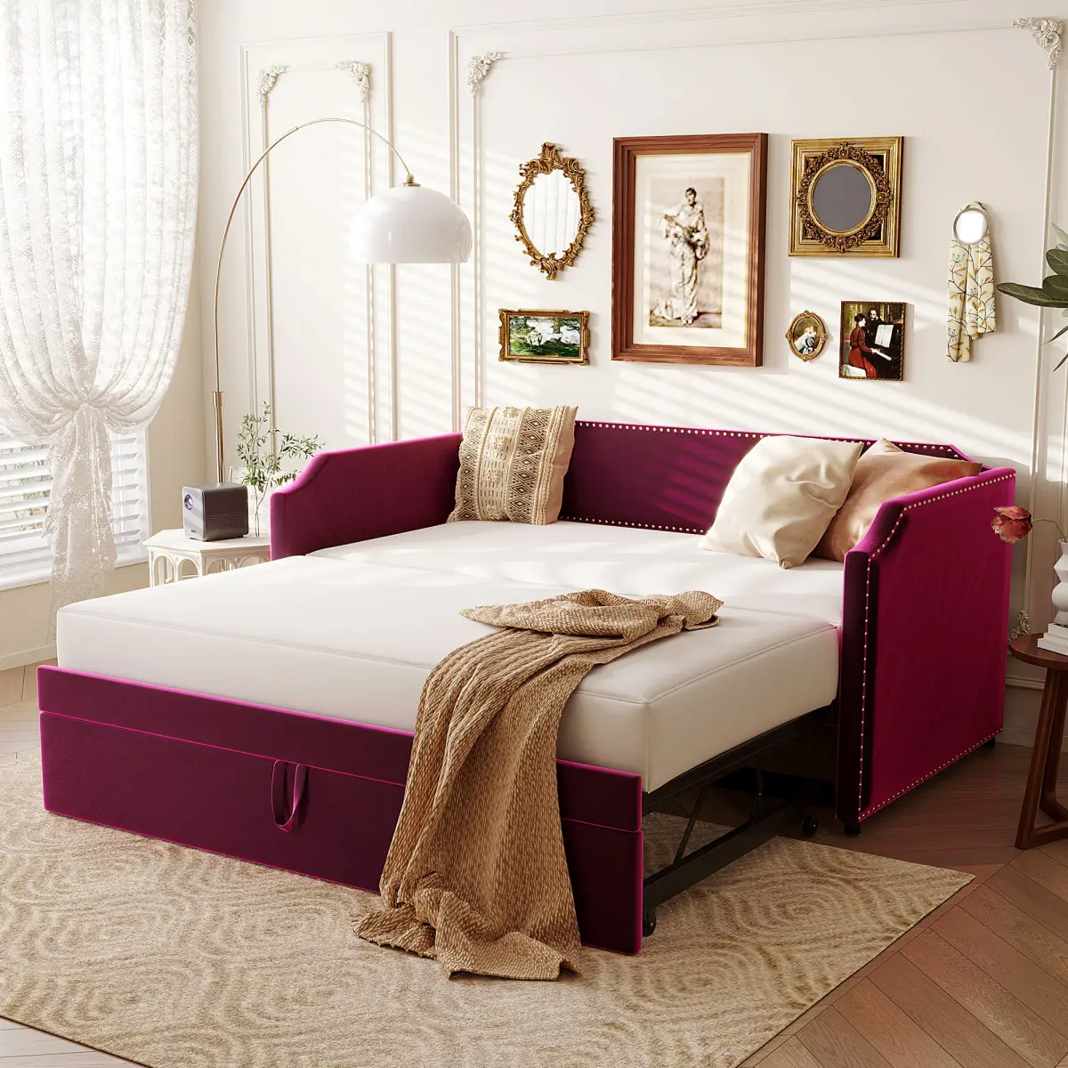 Velvet Upholstered Daybed with Pop Up Trundle Twin to King Desigin, Twin Size Extendable Sofa Bed, Easy Assembly,No Box Spring Needed, Wine Red