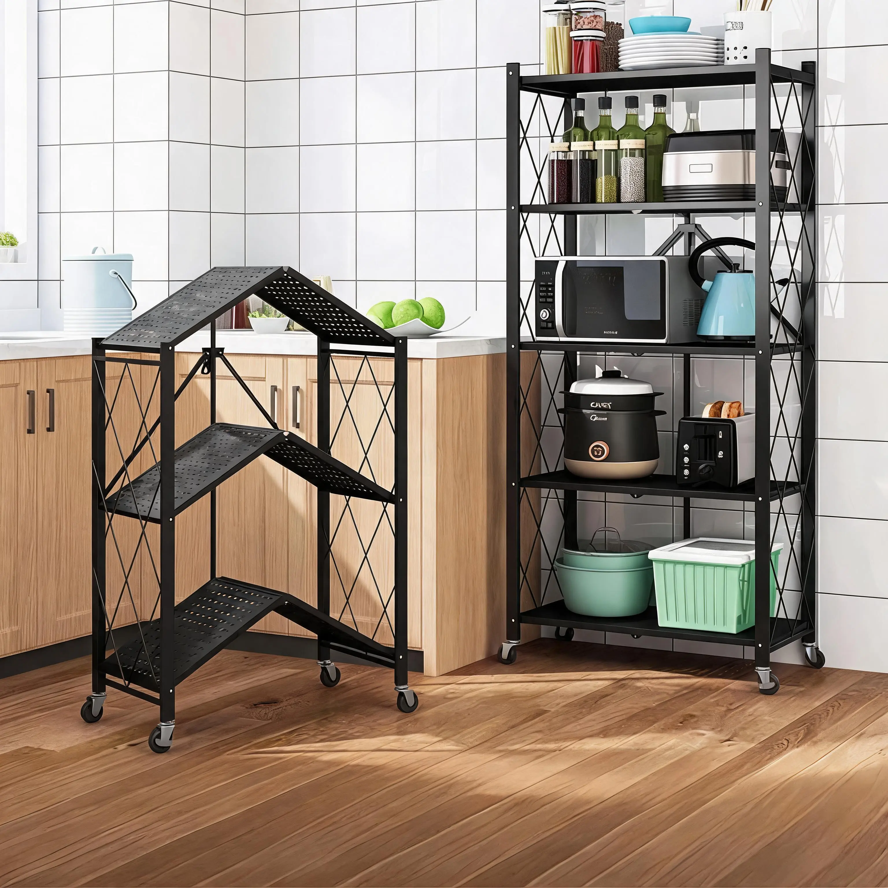 5-Tier Metal Rolling Storage Shelf Organiser - 5-Layer No-Assembly Adjustable Foldable Utility Racks, 31.5"Wx70.7"H 440lbs Static Load Portable Unit for Garage, Kitchen, Holiday Guest Prep