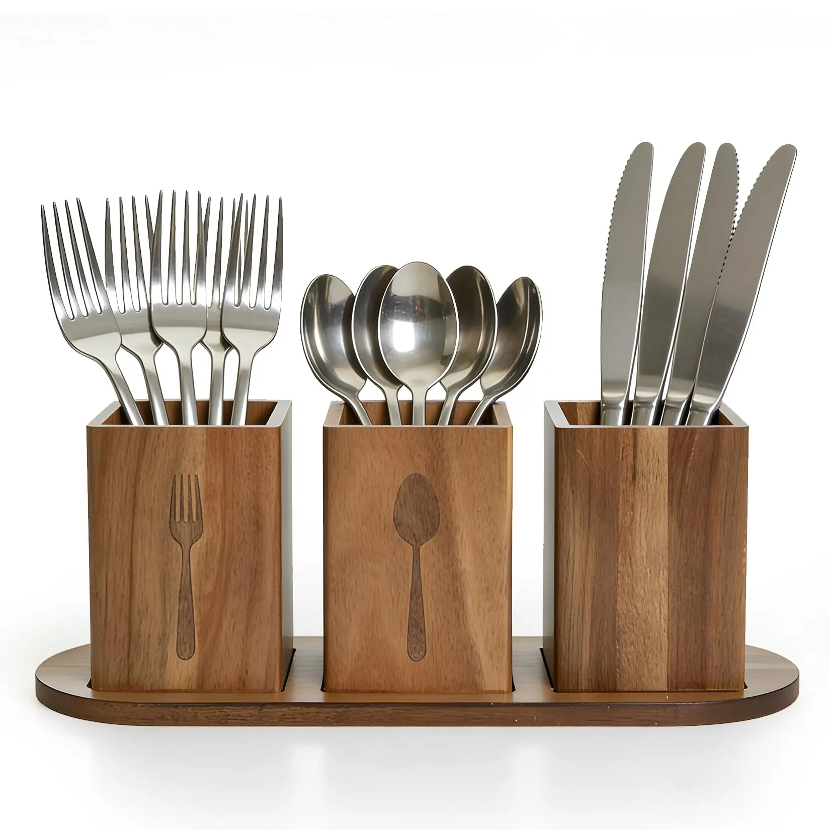 Garvee Acacia Wood Utensil Holder for Kitchen Countertop – Rustic Silverware Caddy and Organizer Box – Holds Spoons, Forks, Knives, Plates, Napkins – Cutlery and Paper Plate Storage