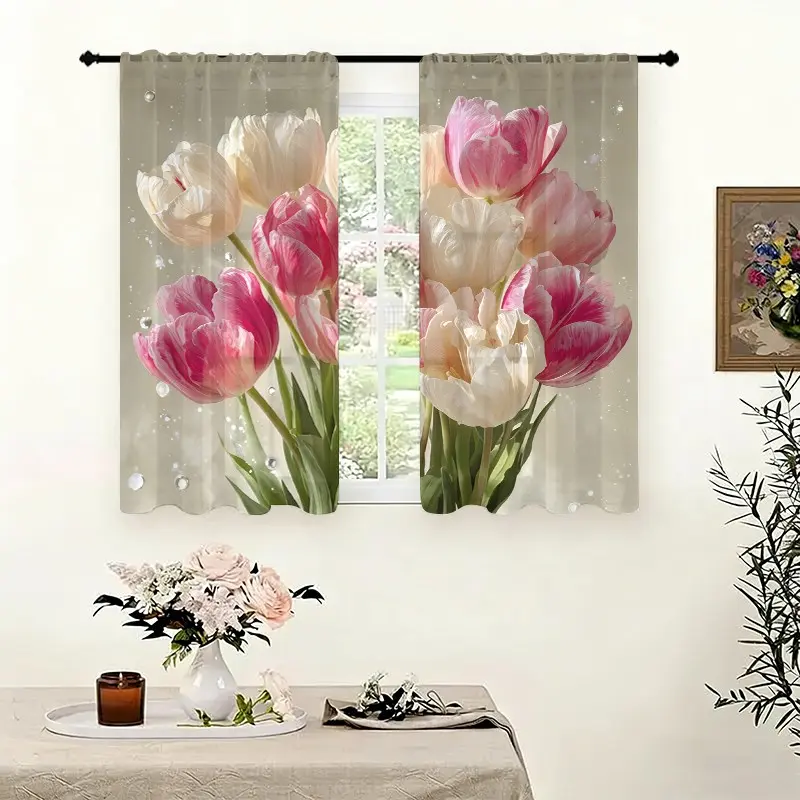 2-Pack Valentine's Day Curtains, Tulip Print, Rod Pocket Design, for Bedroom, Living Room, Office, Elegant Window Decor