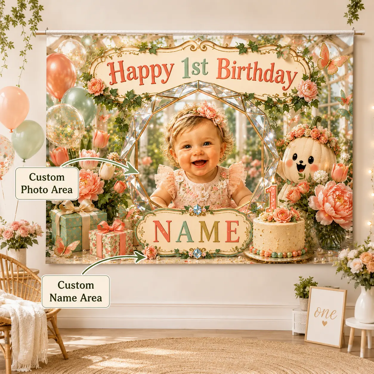 Custom Floral 1st Birthday Backdrop With Photo and Name, Garden Party Decor