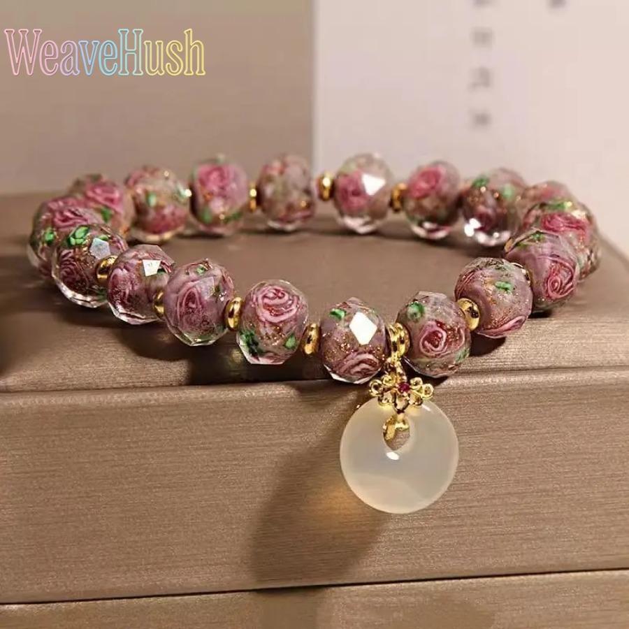 2026 Luxury Handcrafted Glass Bead Bracelet for Women with Peace Knot & Rose Flower Charms, Elegant Symbolic Fashion Jewelry with Delicate Detailing, Versatile Stylish Accessory Perfect for Casual Daily Outfits, Formal Events, Dates, Anniversaries & Meani