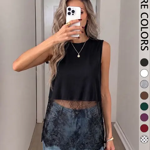 【Black Friday】Women's Sleeveless Tank Top with Lace Hem, Loose-Fit Sheer-Trim Casual Chic Blouse