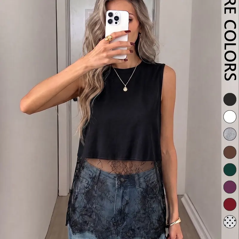 【Black Friday】Women's Sleeveless Tank Top with Lace Hem, Loose-Fit Sheer-Trim Casual Chic Blouse
