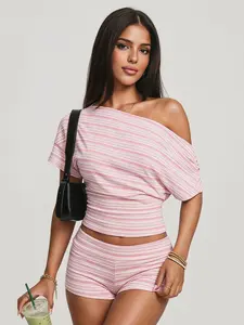 Women’s Pink & White Striped 2-Piece Outfit, Off-Shoulder Top & High Waist Shorts Set, Casual Bodycon Loungewear Matching Set for Streetwear