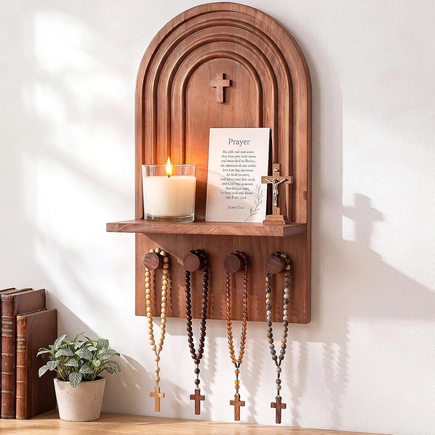 Junkin Wooden Christian Prayer Shelf Rosary Holder with Candle Sconce Holder Prayer Beads Display Wall Mounted Rack, 15" H Religious Hanging Stand for Catholic Christian Home Decor