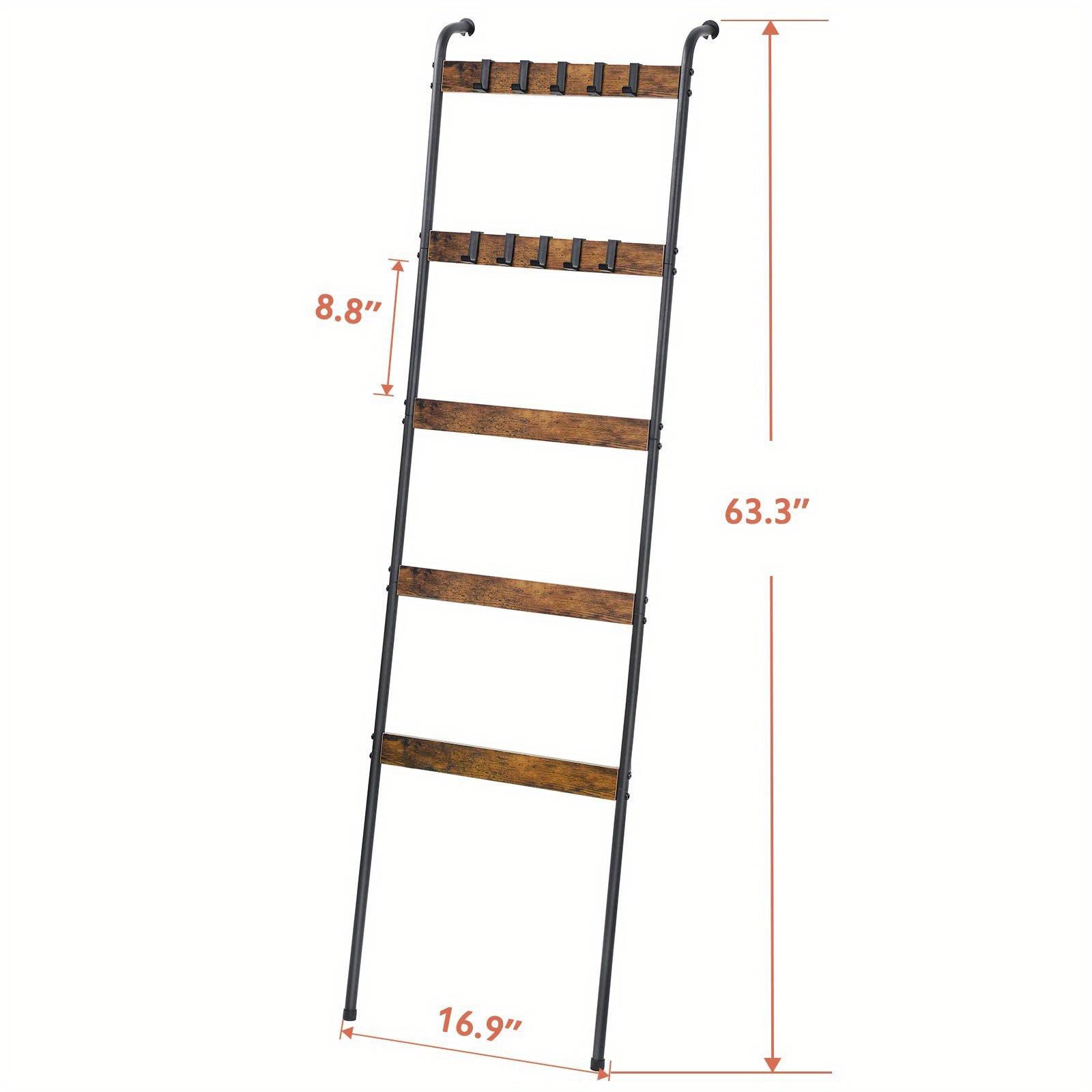 Wardrobe quilt holder, blanket ladder, 5-tier towel rack with 2 rows of detachable hooks, wall tapestry rack, practical shelves, bathroom towel rack, decorative display ladder rack, scarf, industrial, living room, bedroom, bathroom