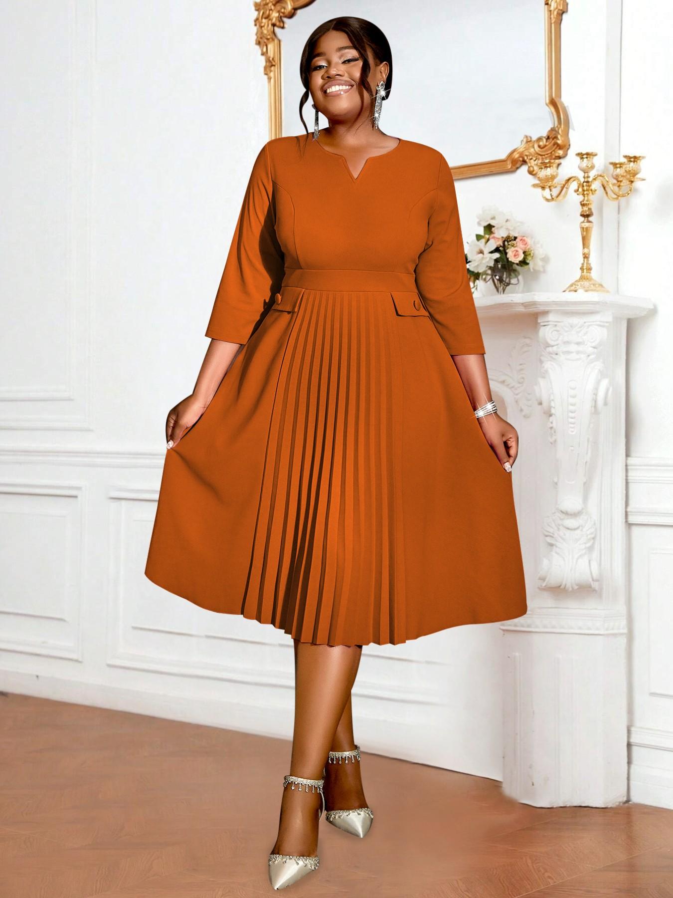 Women Elegant Formal Church Dresses Plisse A Line Modest Classy Pleated 3/4 Sleeves African Office Ladies Party Gowns Autumn New