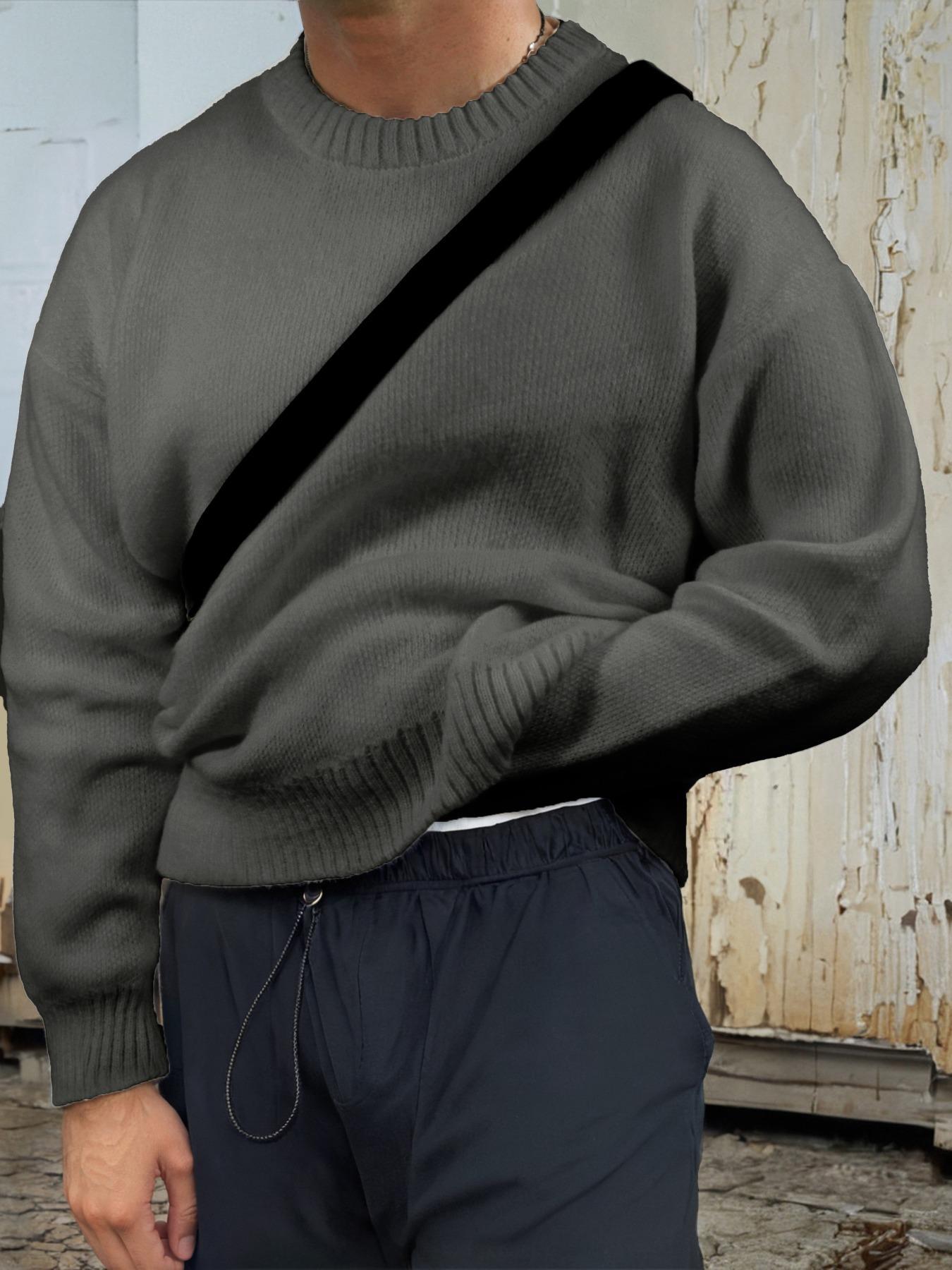 Men's Solid Color Crew Neck Sweater, Casual Fashion Long Sleeve Jumper for Fall & Winter, Men's Knitwear for Daily Wear, Knitted Pullover, Tops