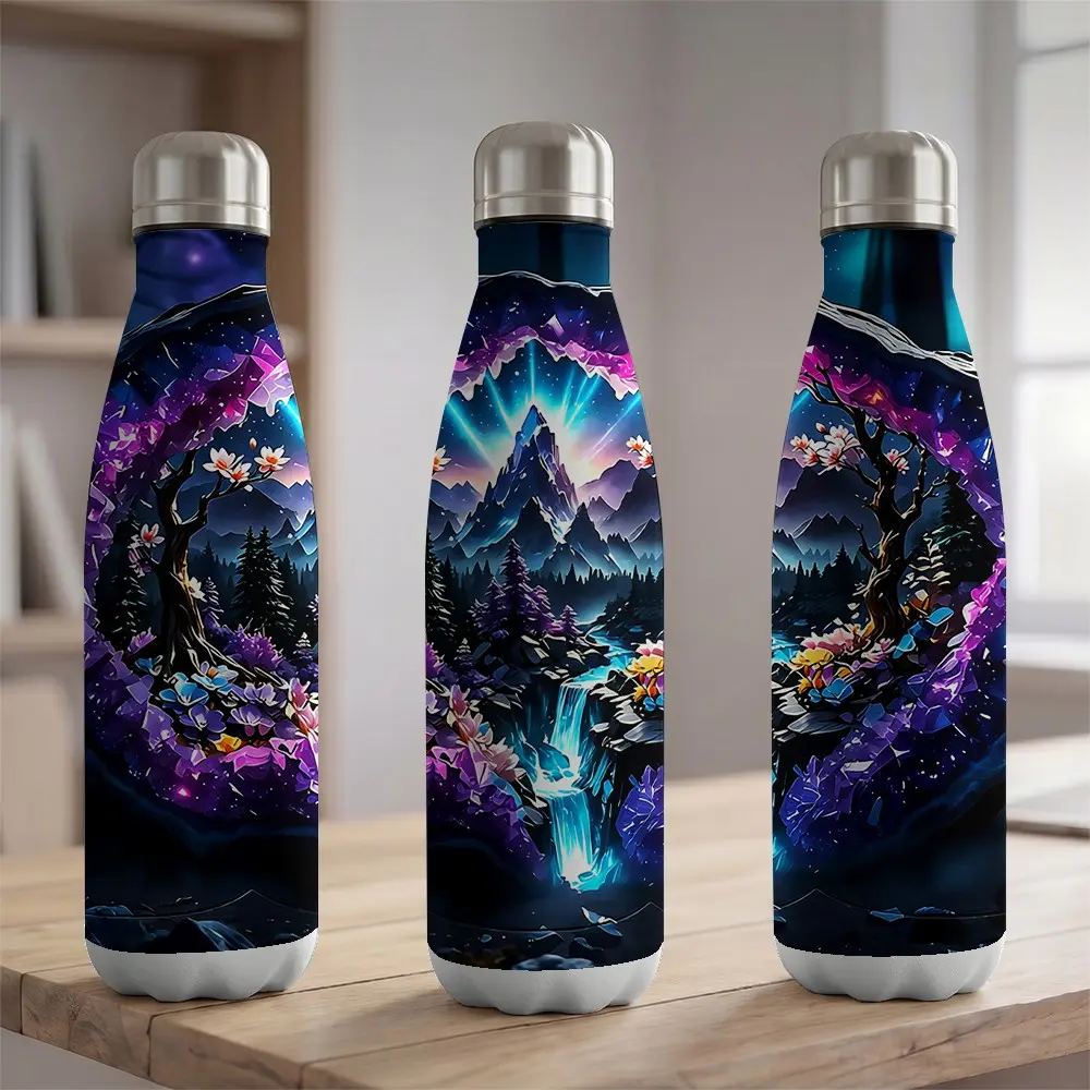 1pc 17oz Stainless Steel Insulated Water Bottle 500ml Vacuum Sealed Flask with Dreamy Purple Crystal Mountain Waterfall Print Double Wall Travel Bottle for Hiking Camping Yoga Car Cup Holder Friendly Artistic Sport Water Jug