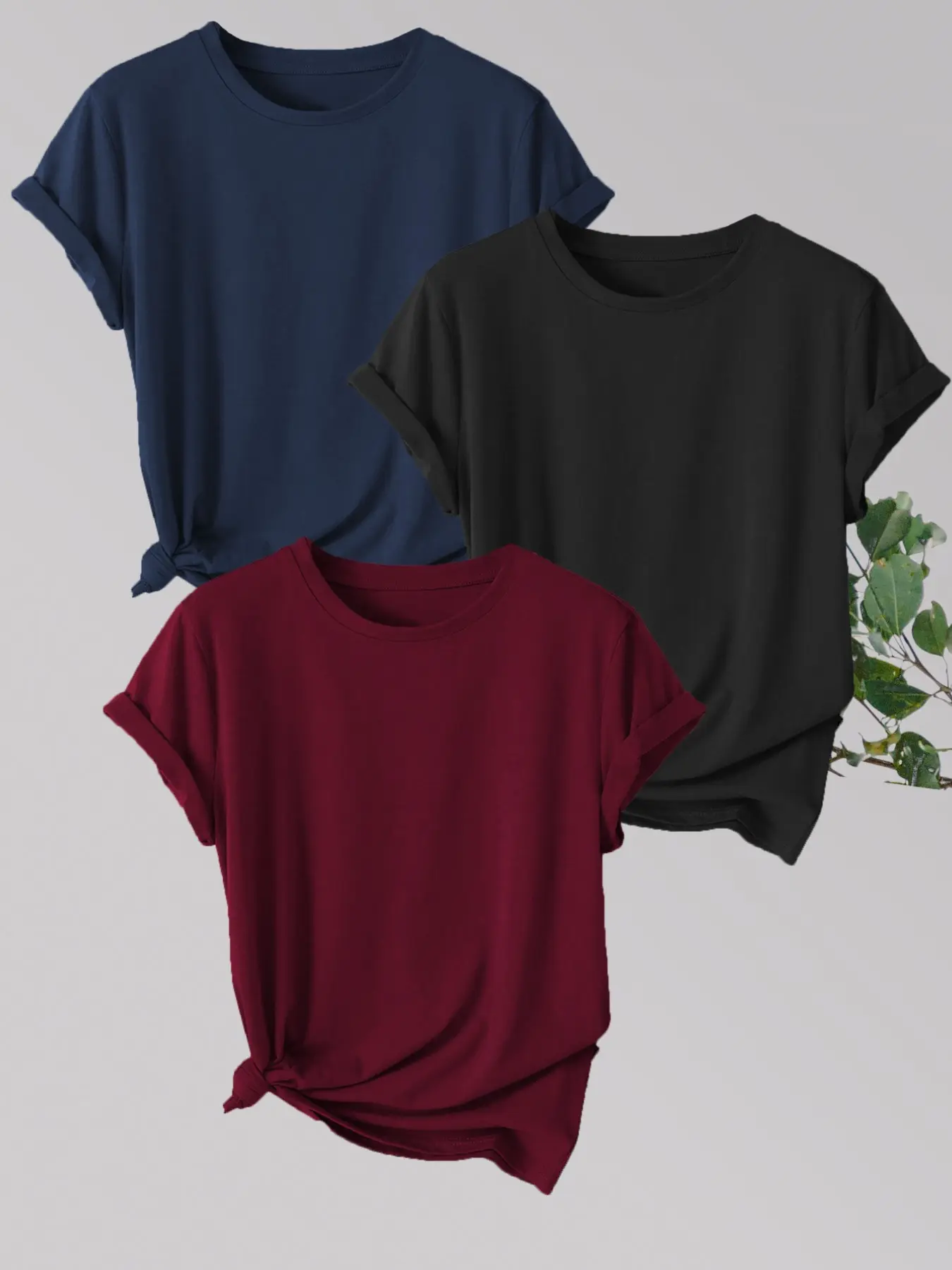 Women's Casual Sporty Round Neck T-Shirt, Summer Comfortable Stretch Three-Piece Set, Solid Color Short Sleeve, All Seasons Slim Fit