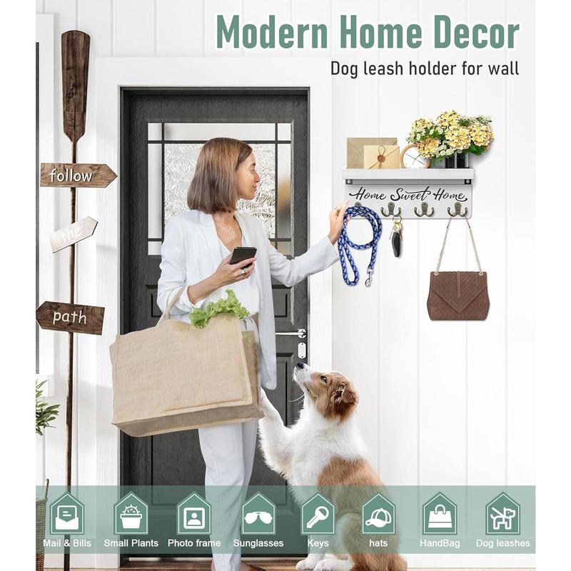 Wall-Mounted Key and Mail Holder, Wooden Key Rack with 4 Double Key Hooks, Rustic  Decor for Entryway(White)