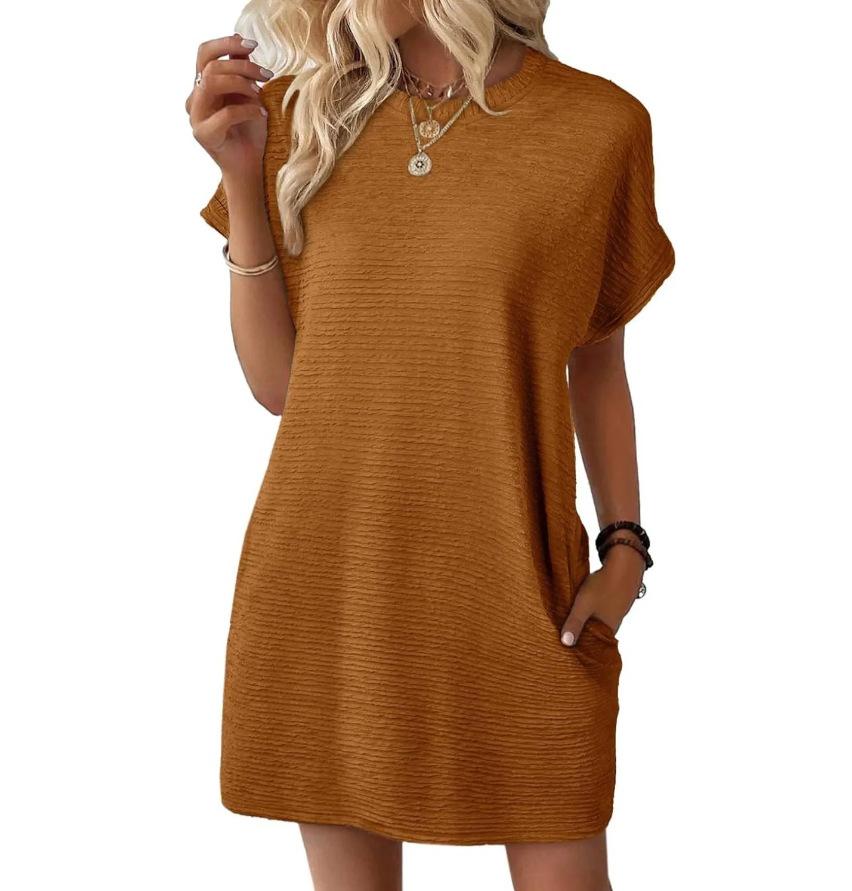 2026 Summer New Loose Crew Neck Pocket Solid Color Short Sleeve Dress for Women Casual Daily Wear Mini Dress