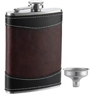 1 Pack 8 Oz Hip Flask for Liquor, Soft Touch Leather Wrap with Funnel, 18/8 Food Grade Stainless Steel Leak Proof Classic Flask