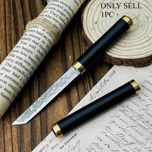 High-Quality Damascus Steel Pen Case Knife with Sheath, Ebony Handle—Portable for Daily Use, Outdoor Activities, Fixed-Blade Knife, Jungle Cutting, Adventure, Rescue, and Fruit Preparation—Perfect Gift