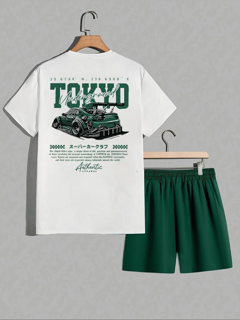 Two-Piece Set Men's Car Print Tee & Shorts, Regular Fit Casual Round Neck Short Sleeve T-shirt & Track Shorts, Men's Summer Clothes