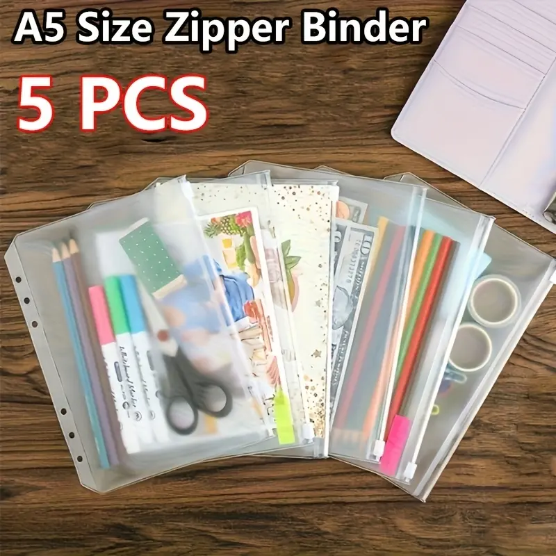 5pcs A5 Zippered Ring Binder Set, Planner Binder, 6-Ring Clear Cash Envelope System, PVC Notebook And Document Organizer, Office Organizer