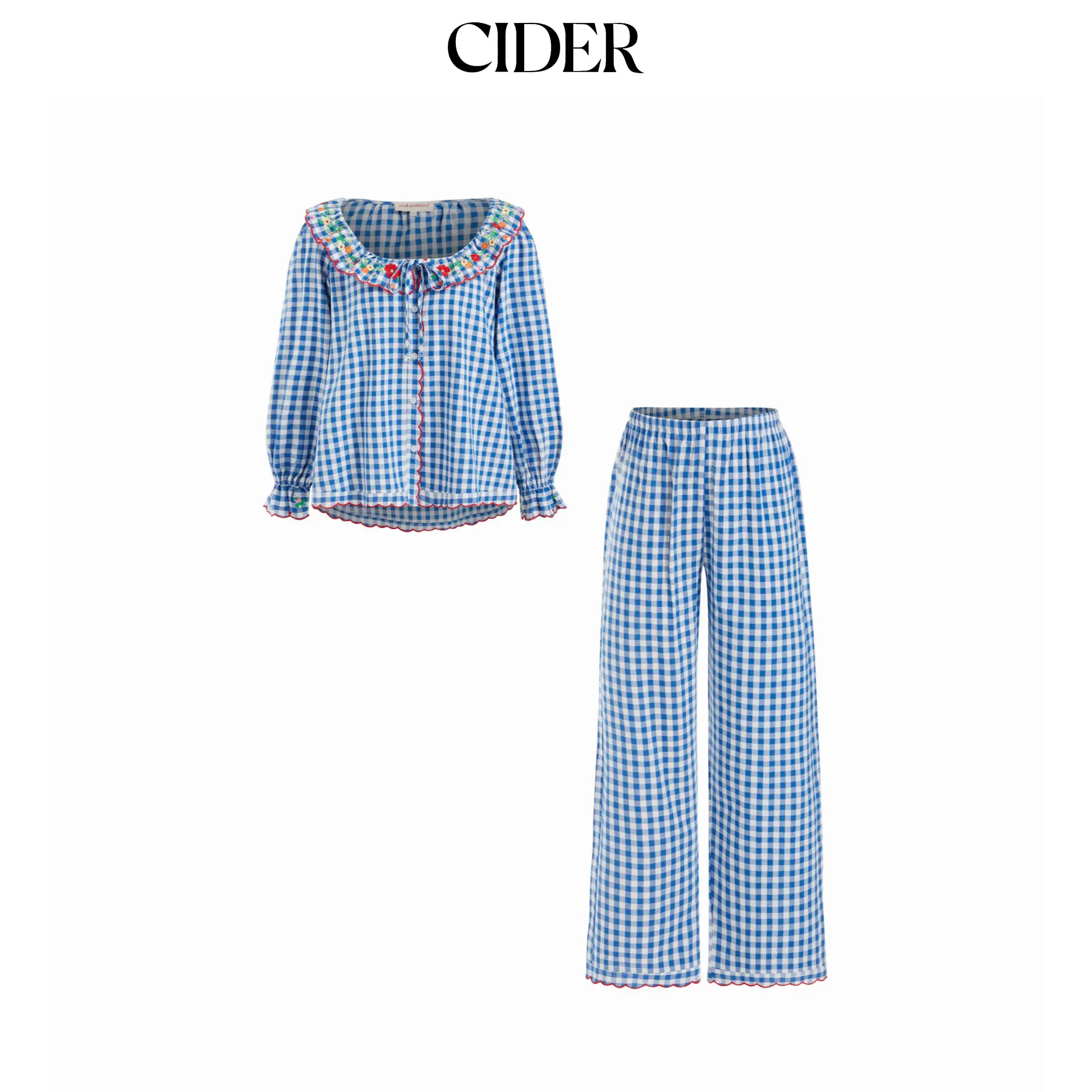 Cider Floral Scoop Neckline Gingham Top & Straight Leg Trousers Loungewear Set