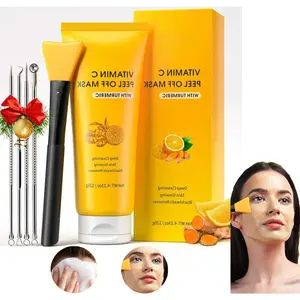 Vitamin C & Turmeric Peel Off Face Mask, Deep Cleansing Blackhead Remover Mask for Nose and Facial Pores, Oil Control Skin Care Mask Set with Pimple Extractor Tool and Mask Brush, Gentle Facial Beauty Skin Care for Men and Women