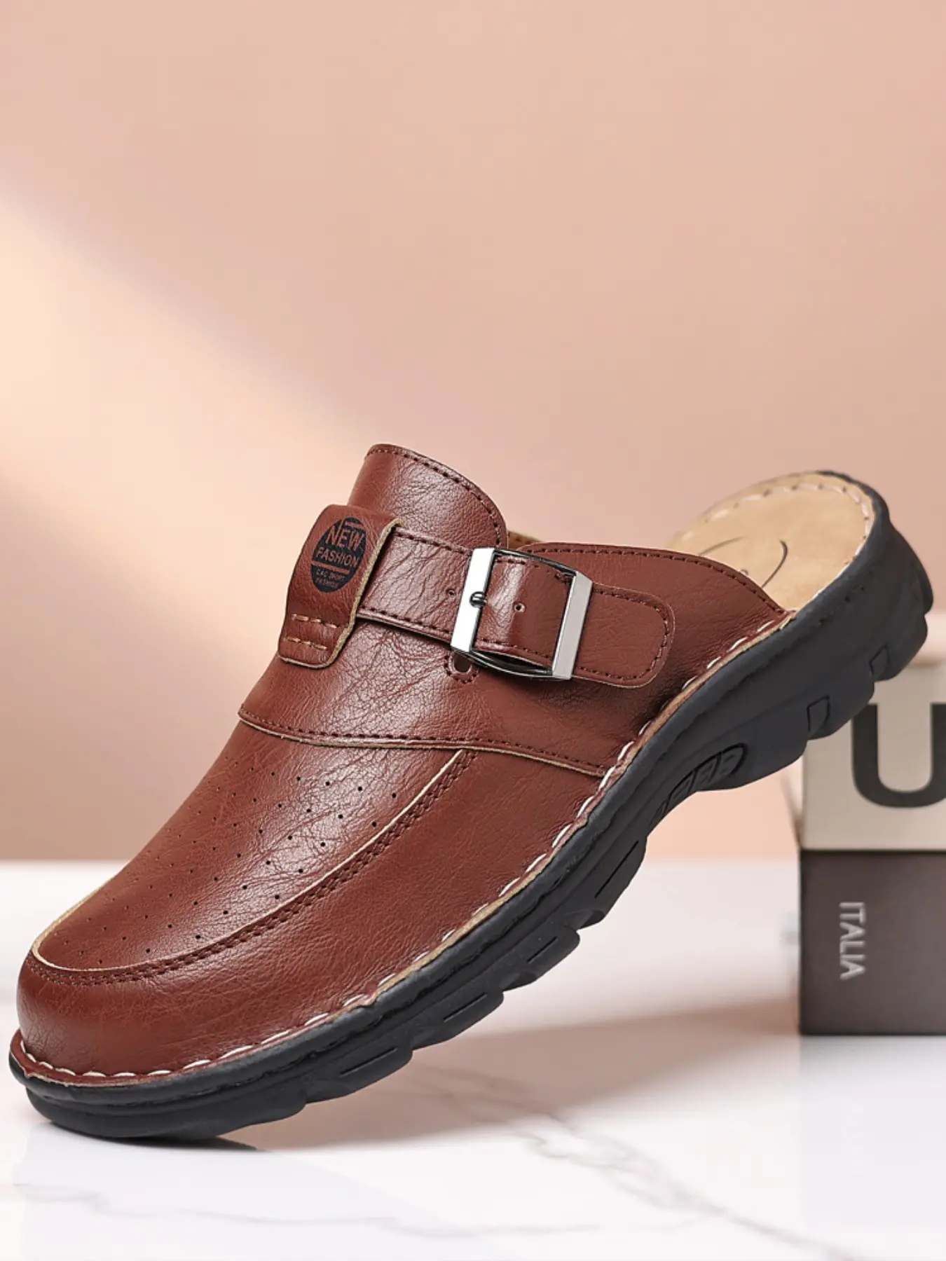 Men's Breathable Leather Solid Color Mules, Perforated Design for Comfort, Ideal for Work and Leisure, Stylish Slip-On Sandals for Men