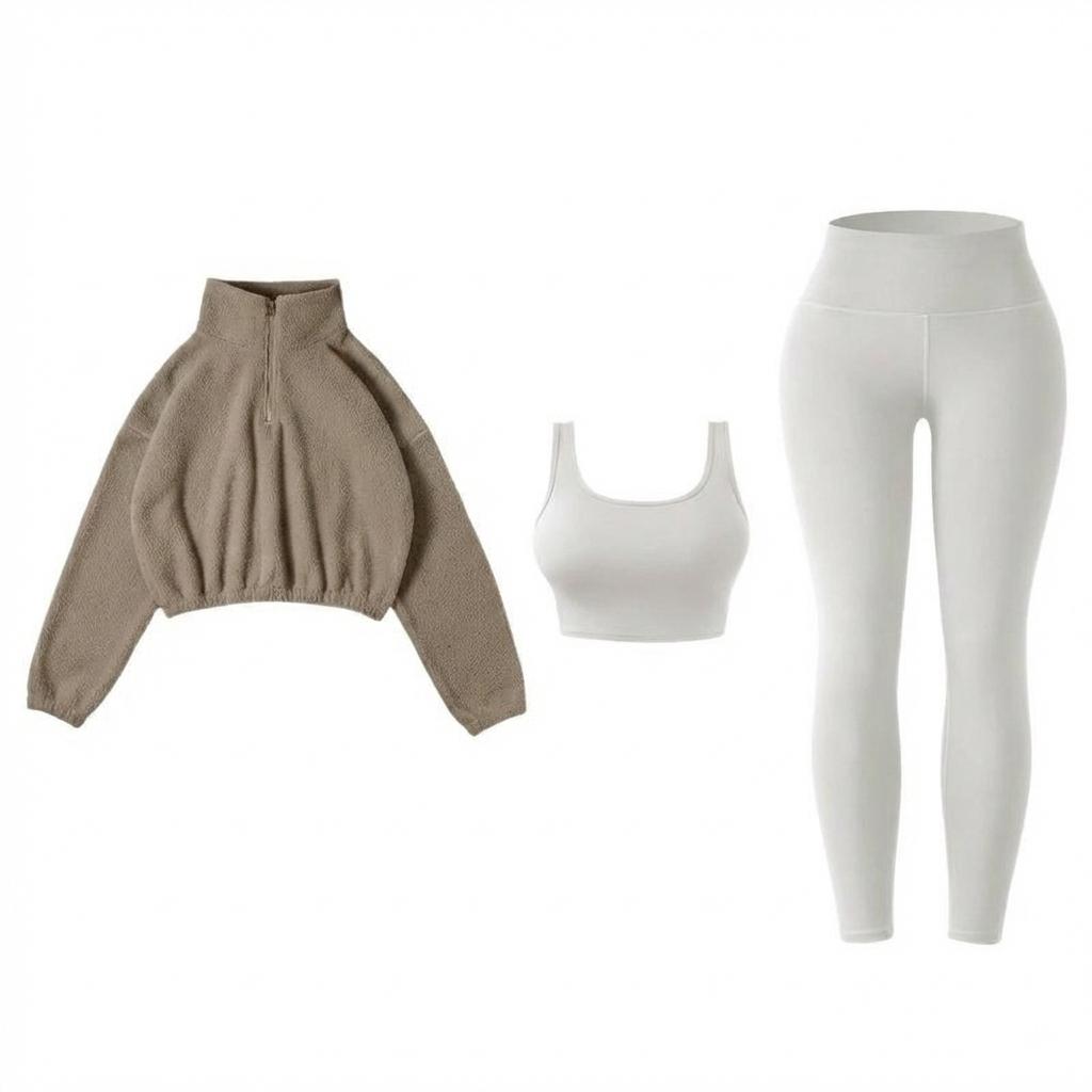 Amoyer 2026 3-Piece Set Sports OutfitFor Women, Soft Knit FaAmoyer bric, High-WaistedPants And Sports Bra, Half-Zip Plush Jacket,Fitness Set For Fall & Winter sportswear sporty style # DEALS FOR YOU