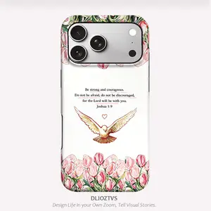 Pigeon Flowers and Joshua 1:9 Text Pattern Phone Case for iPhone 17 Pro Max Air 16 Plus 15 14 13 12, for Samsung Galaxy S26 Ultra S25 Edge S24 Plus S23 S22 S21 S20 FE, Shockproof Durable 2 in 1 Scratch Resistant New Material Protective Phone Casing Cover
