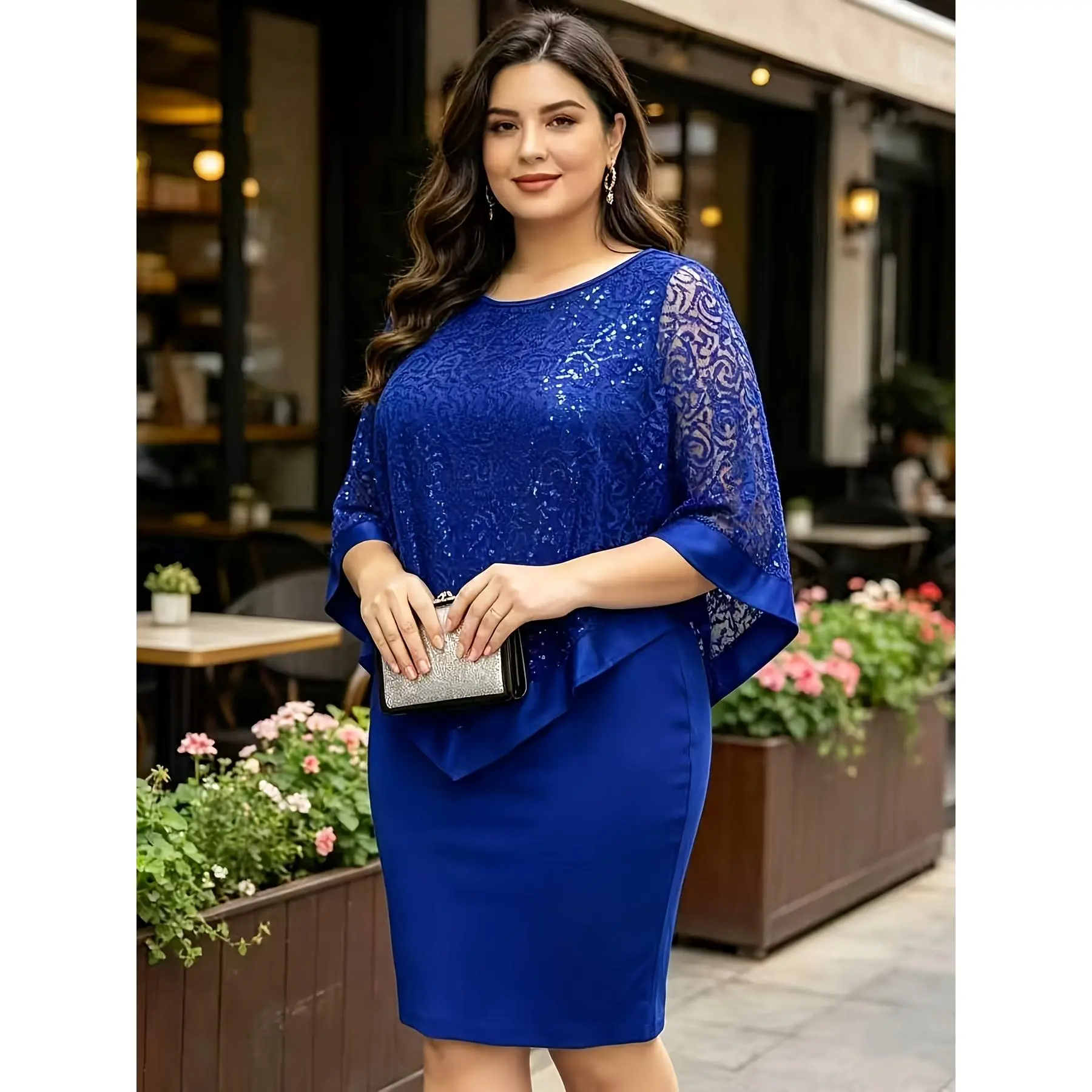 Women's Plus Size Sequin Mesh Cape Dress, Arm-Covering Two-Piece Faux Bodycon Short Dress, Mother's Wedding Reception Evening Gown