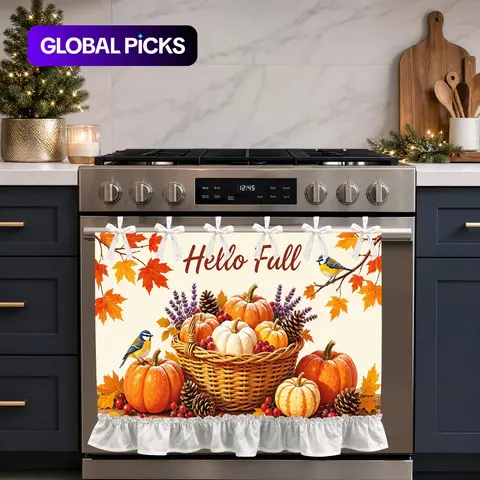Vintage Farmhouse Oven Door Cover, Maple Leaves, Pumpkins, and Pinecone Design, Ruffled Fall Decor for Harvest and Thanksgiving, Seasonal Kitchen Decoration #GLOBAL PICKS