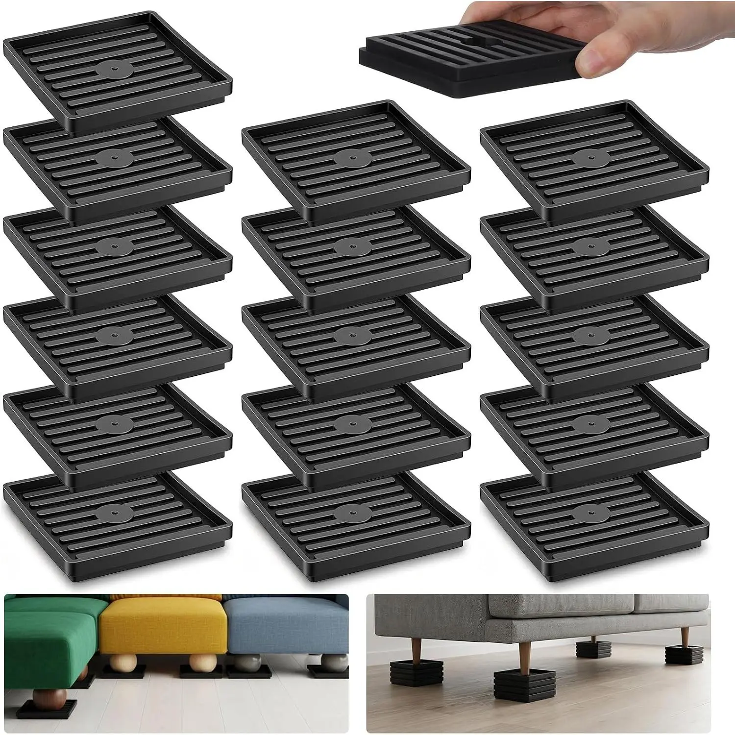 Set of 16 Heavy Duty Bed Risers, 3.3" Stackable Adjustable Furniture Risers, Solid Thickened Plastic Couch Riser for Table, Desk, Sofa, Chair, Recliner - Black
