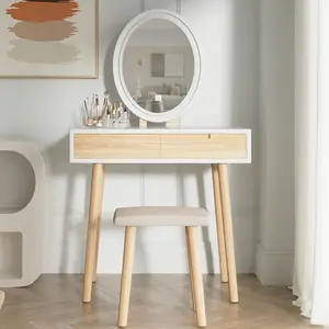 31.5 Inch Compact Wooden Small Makeup Vanity Desk with Oval Adjustable Brightness Lighted Mirror Practical Storage Drawers Space Saving Dressing Table for Narrow Bedroom Corners Limited Small Household Spaces