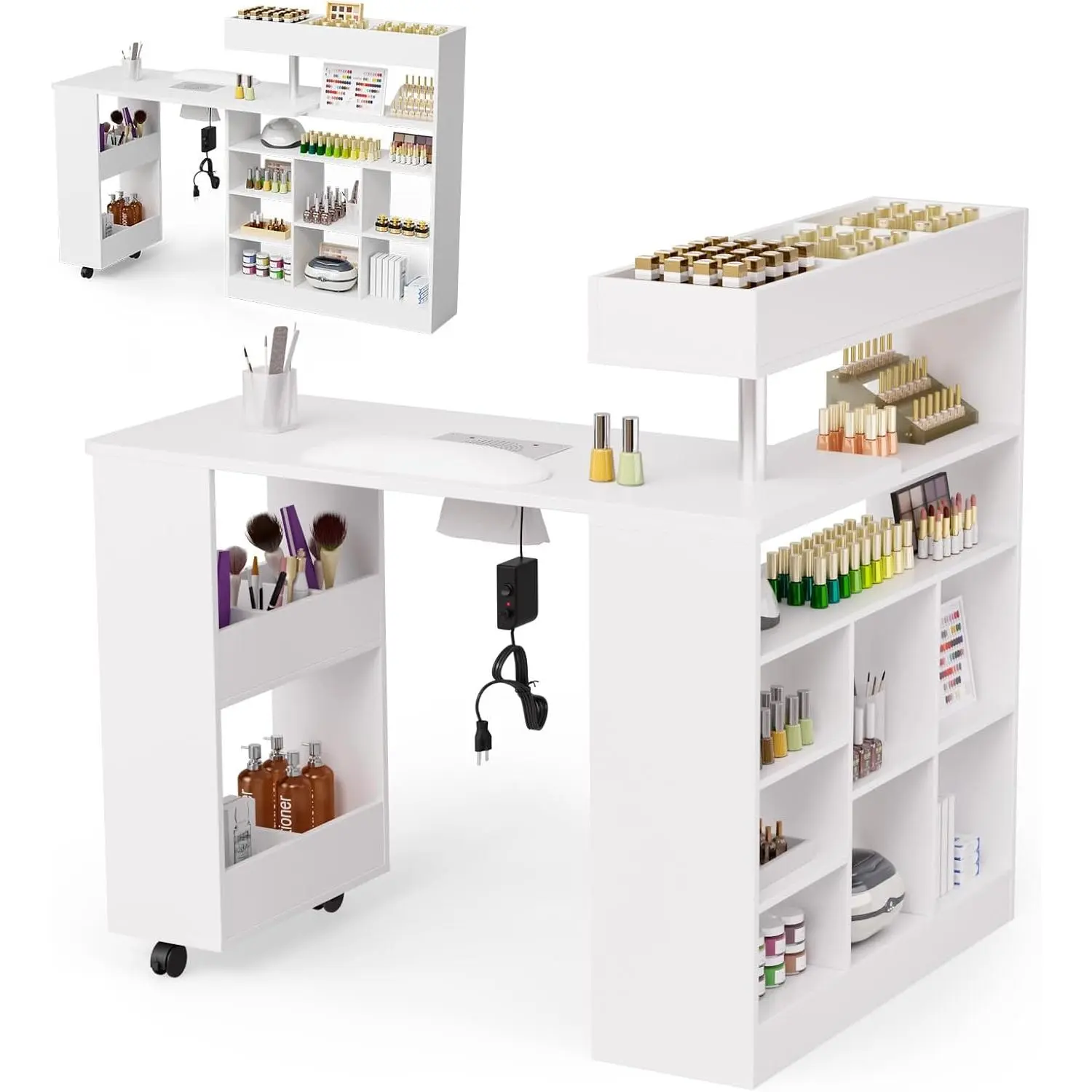 OmySalon Multifunctional L-Shaped Foldable Salon Nail Desk - Wheel-Equipped Divided Cart, Rotatable Design, Dust Collector, Arm Rest, Storage Shelf, Acetone-Resistant MDF Board, Easy-Clean, for Small Rooms, Foldable Table