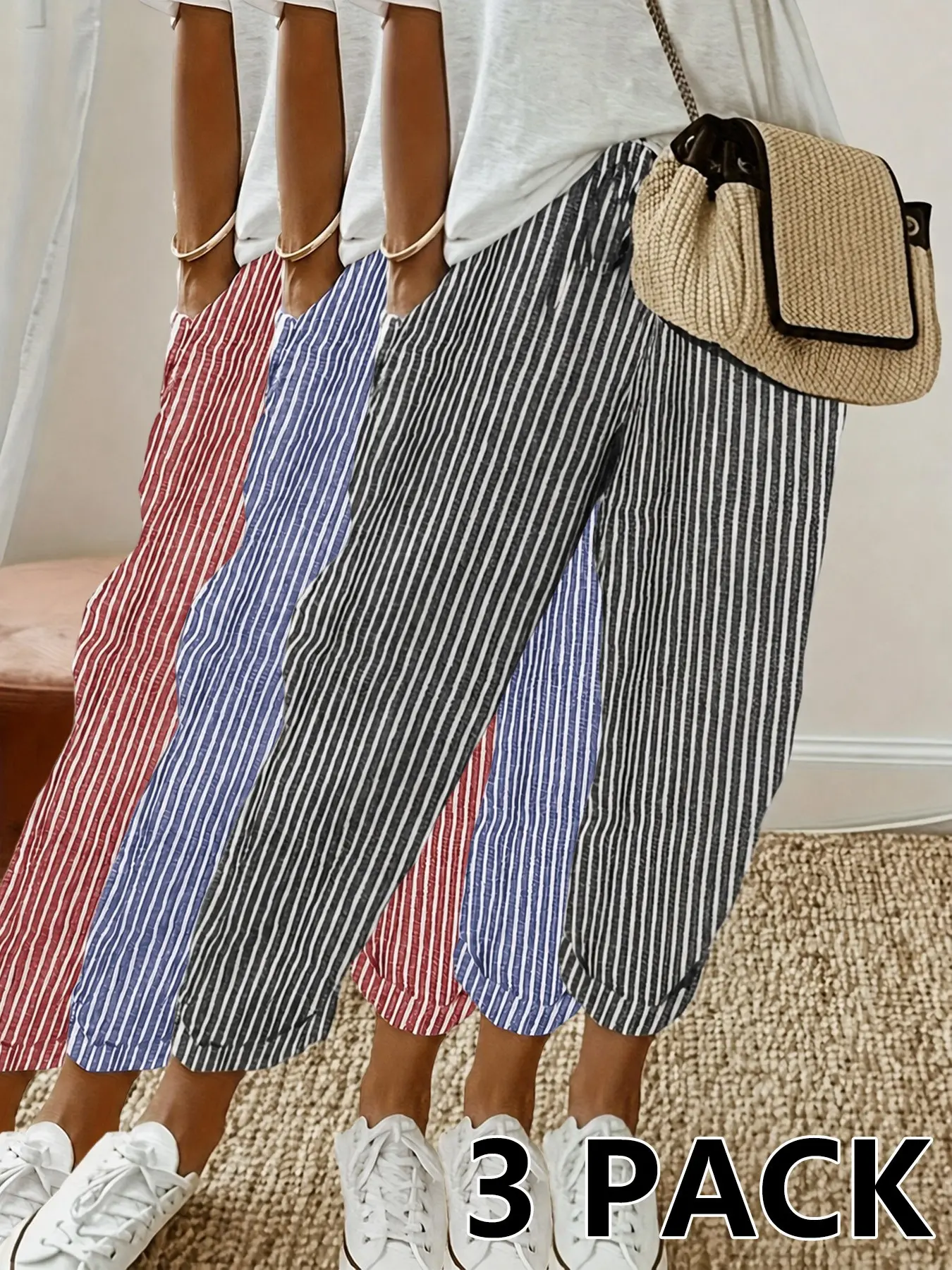 2026 Summer 3 Pack Vertical Striped Print Pants, Adjustable Waist, Breathable Fabric, Casual Loose-Fit Bottoms, Trendy Instagram Style