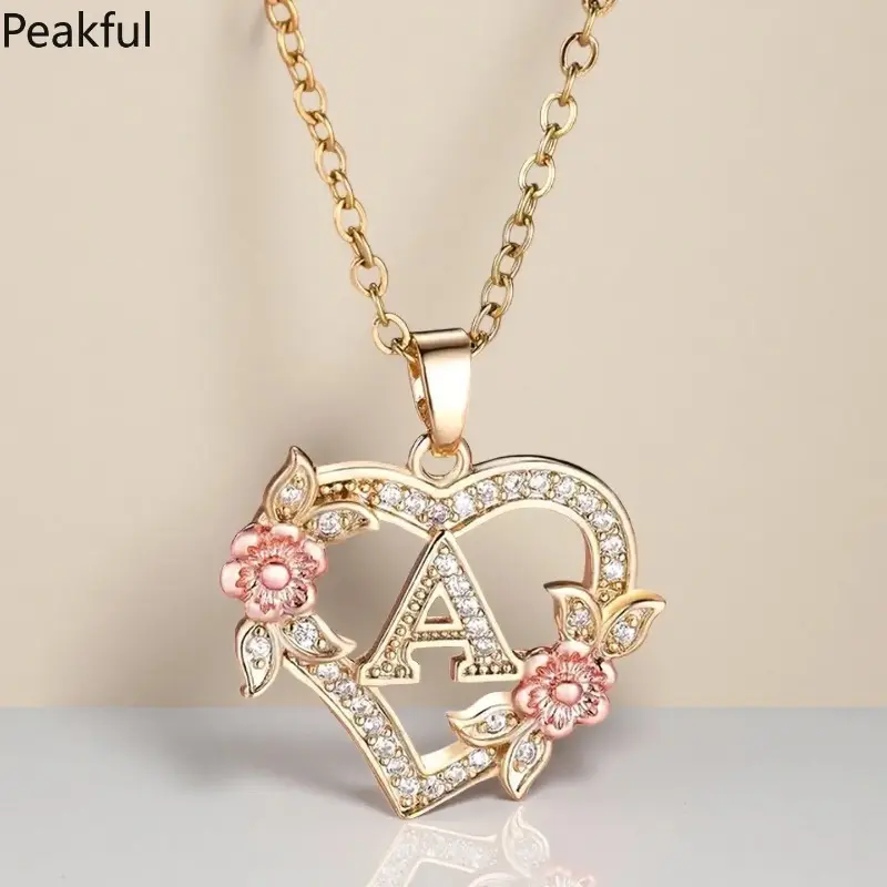 Trendy Love Heart Flower Pendant Necklace, Vintage Gold A‑Z 26 Letters Necklace for Women, Stylish Elegant Personalized Jewelry for Wedding Daily Gift