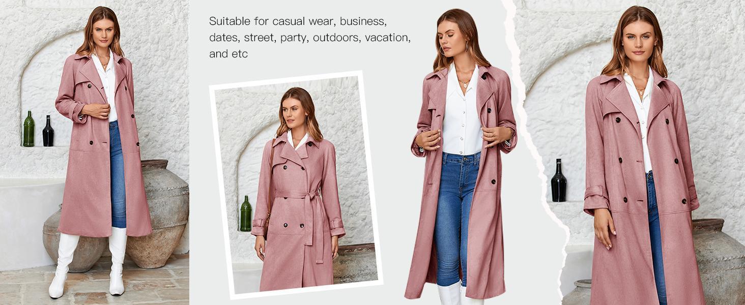 Imily Bela Womens Long Trench Coat Fall Faux Suede Jackets Double Breasted Lapel Pea Coat with Belt Imily Bela Womens Long Trench Coat Fall Faux Suede Jackets Double Breasted Lapel Pea Coat with Belt