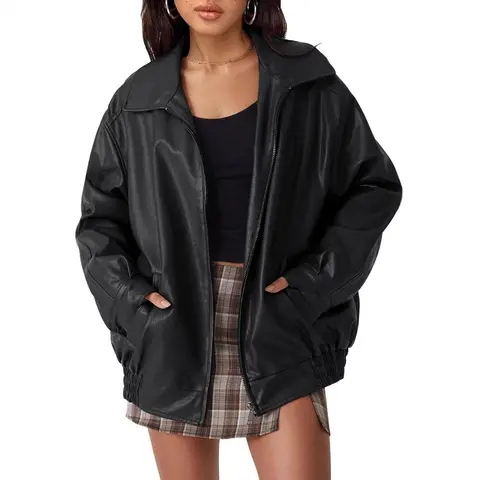 Women's Oversized Biker Leather Jacket - Autumn Winter Fashion, Loose Fit, Full Sleeves Motorcycle Coat