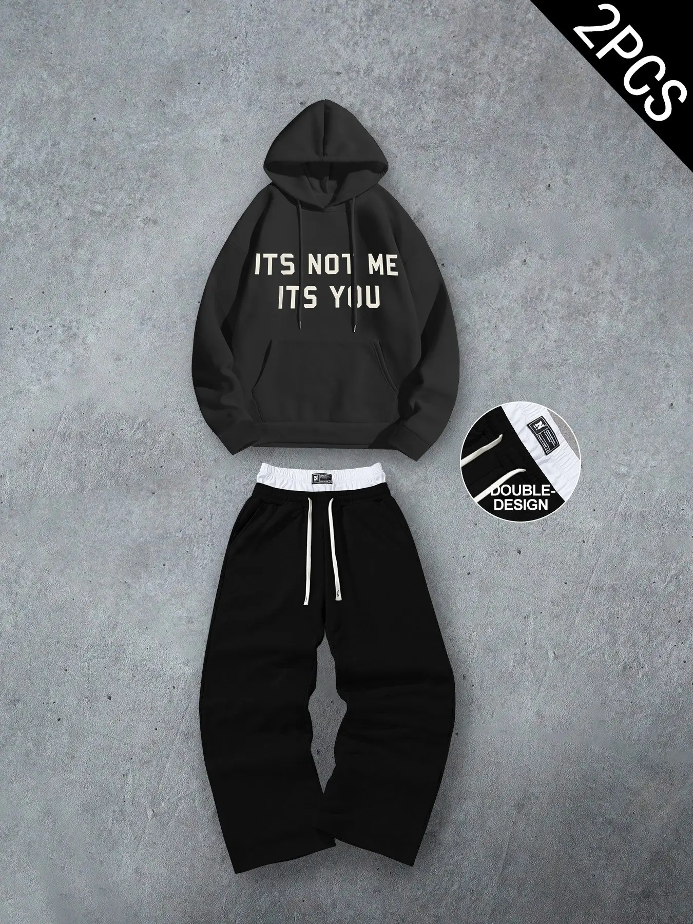 Unisex ITS NOT ME ITS YOU Slogan Print Hoodie Two Piece Set, Fake Double Waistband Wide Leg Sweatpants Streetwear Tracksuit, Soft Fleece Casual Loungewear Outfit for Back To School Daily Skate Travel