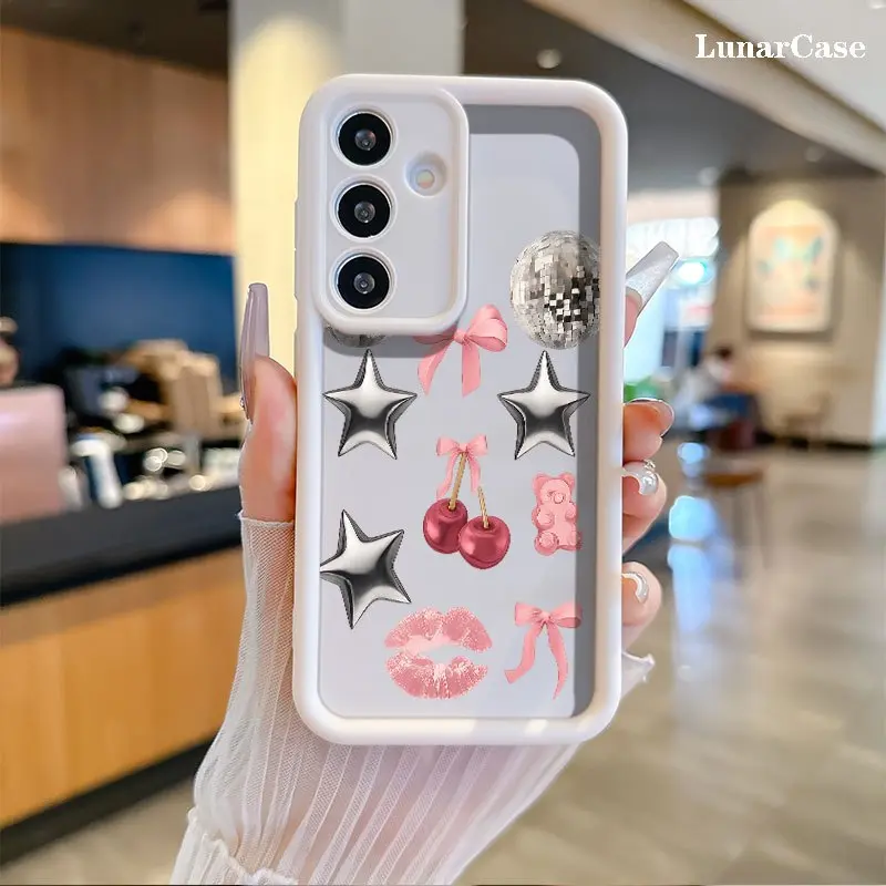 Phone Case: Shiny Disco Balls, Pink Bows, Cherries, Bear, Lips, Stars Stylish Stepped Groove Case, Anti-Drop Anti-Scratch Thin Shell for Galaxy S26 S25 S24 S23 S22 S21 Fe Plus Ultra A13 A14 A15 A16 A17 A33 A34 A35 A36 A52 A53 A54 Note20