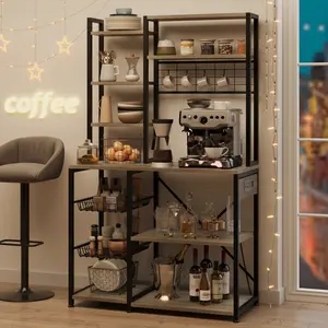 Bakers Rack with Power Outlets – 7-Tier Microwave Stand with 2 Wire Baskets, 35.4" Industrial Coffee Bar Station, Large Kitchen Storage Rack for Pots, Dishes & Appliances