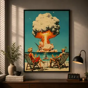 Vintage Atomic Bomb Mushroom Cloud Poster, Mid-Century Modern Ocean Wall Art, Retro Beach Scene, Bold Statement Decor, Coastal Wall Decor, Vintage Wall Art, Living Room Decor