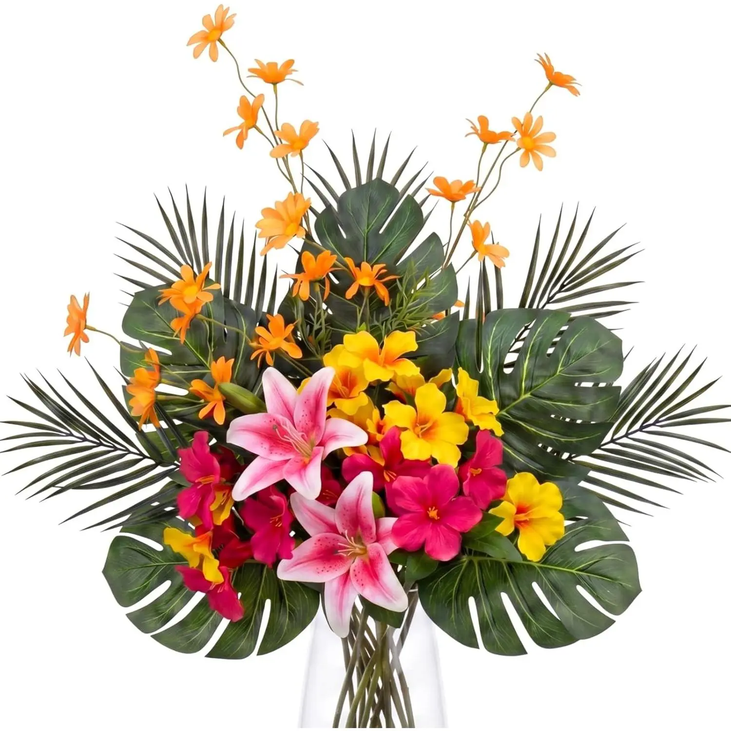 Yinder 16-Piece Silk Plastic Artificial Tropical Flower Set - Lilies, Azaleas, Daisies, Monstera, Palm Leaves - Decor for Hawaiian Party Home Centerpieces Tables Vases Weddings, Daisy