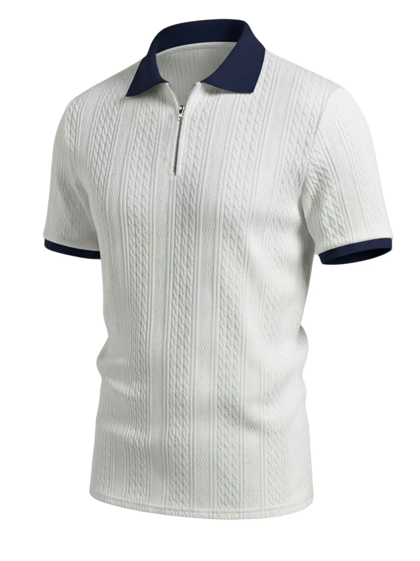 1 Piece Men Cable Knit Zip Collar Polo Shirt, Preppy Smart Casual Style, Navy Contrast Collar & Cuffs, Half Zip Placket, Breathable Textured Fabric Slim Fit Short Sleeve Top for Office Commute Daily Vacation