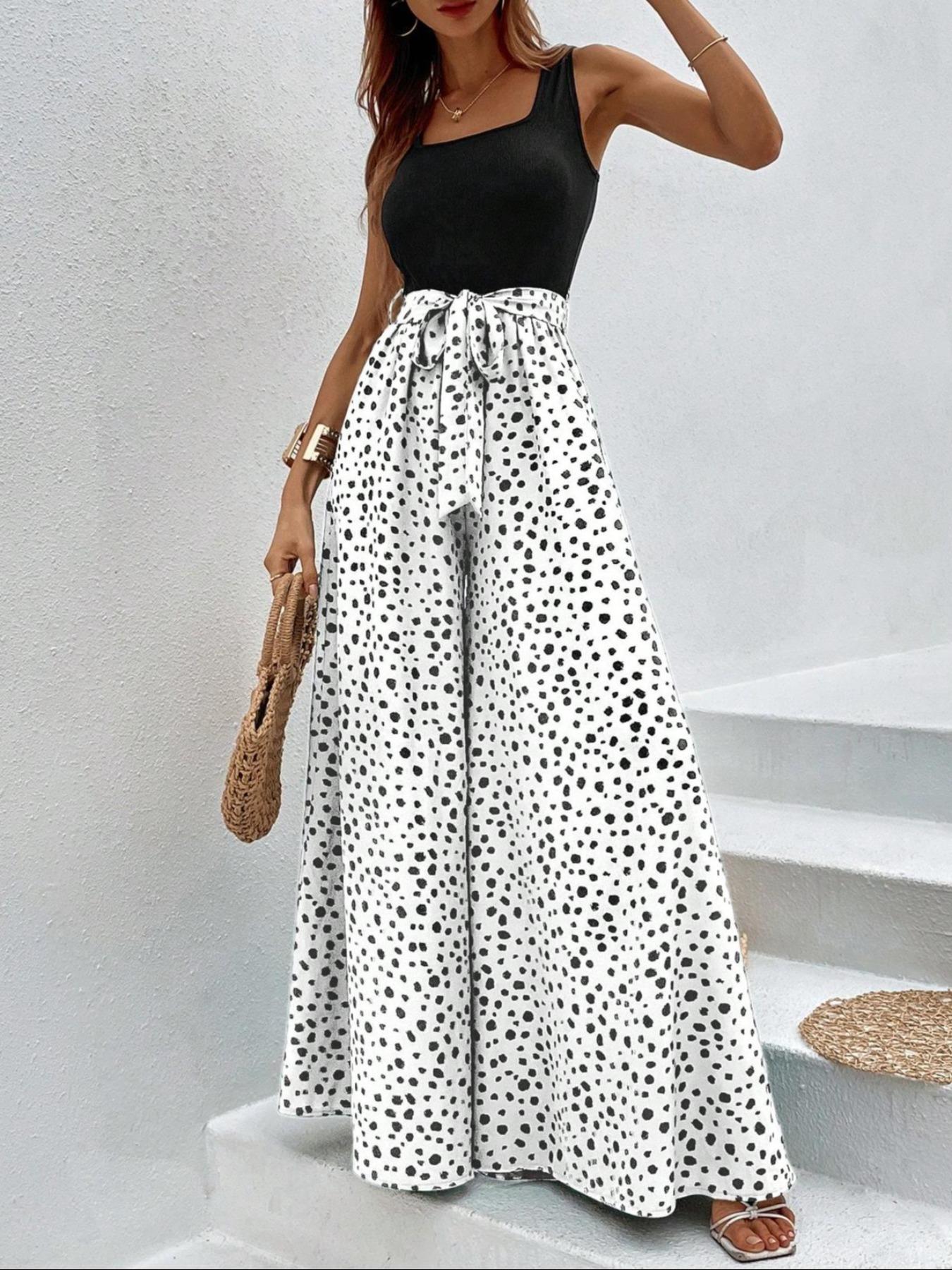 Women's Leopard Print Belted Wide Leg Jumpsuit, Casual Sleeveless Jumpsuit for Summer, Women's Jumpsuit for Daily Wear