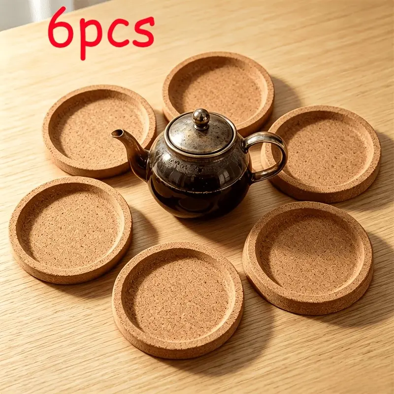 6pcs Thick 4-Inch Cork Coasters, Non-Slip Groove Design, Heat Resistant, Reusable, Durable, Ideal for Cups, Mugs, Glassware