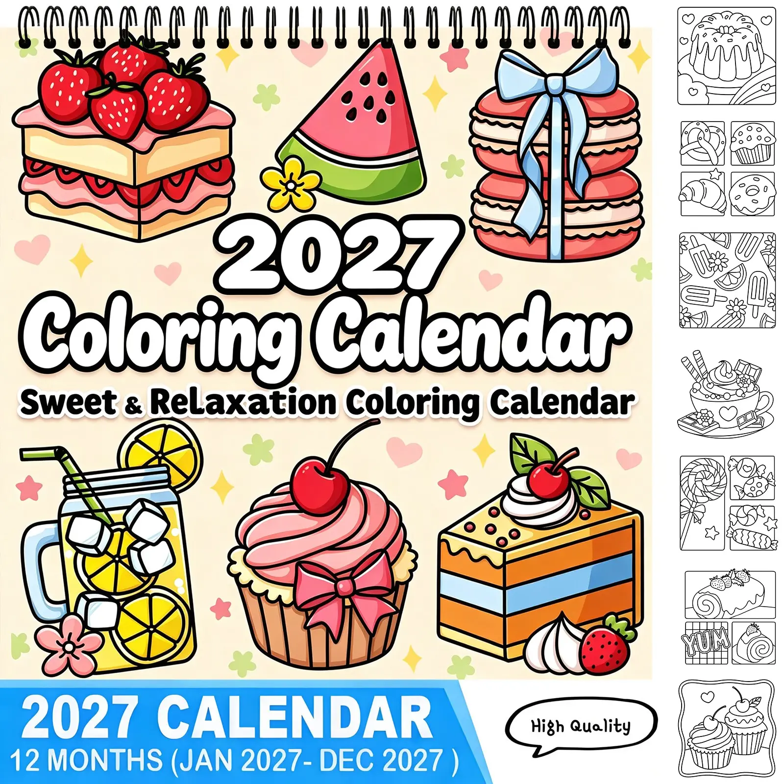 2027 DIY Sweet & Relaxation Coloring Calendar, Cute Dessert Sweet Treat Aesthetic Adult Coloring Book,12 Months Jan‑Dec Relaxing Handcraft Activity, Cozy Novelty New Year Gift,Wall Calendar,Coloring Calendar,Kids Calendar,Children Calendar