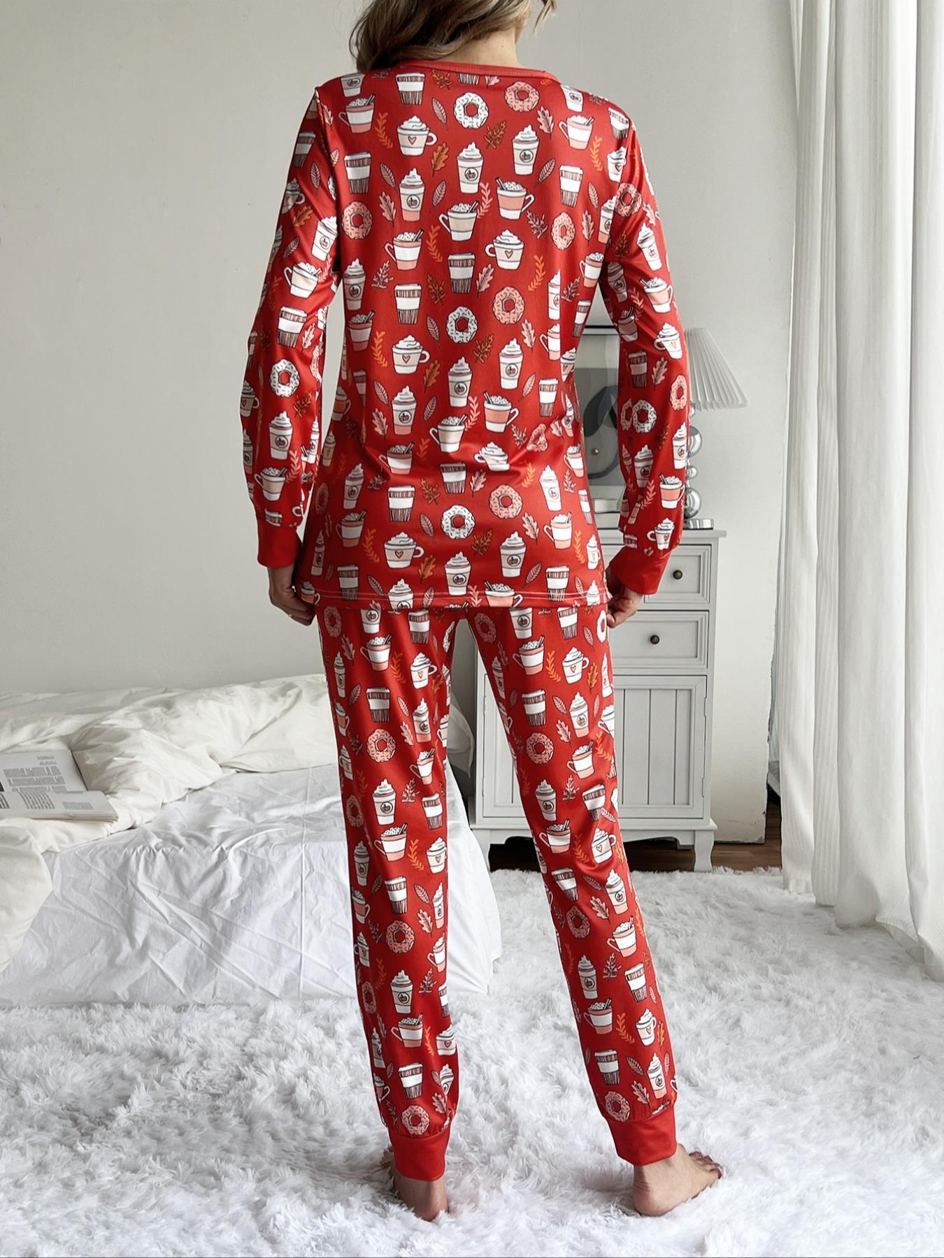Women's Christmas Print V Neckline Button Front Lounge Set, Casual Comfortable Long Sleeve Top & Elastic Waist Pants Loungewear Set, Ladies Sleepwear for Spring & Fall，womenswear