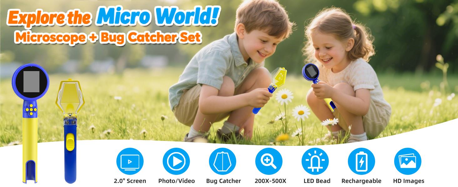 1080P Digital Microscope for Kids with Bug Catcher Kit - Handheld STEM Science Toy, Rechargeable, Portable, Supports 64GB TF Card, Educational Gift for Ages 3-12 (Blue)