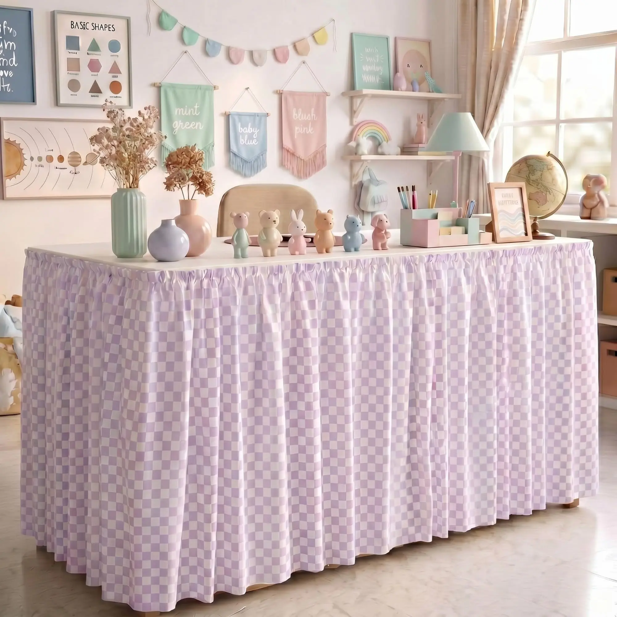 Teacher Desk Skirt 6 Feet Lavender Plaid Classroom Decor, Foldable Tablecloth for Kindergarten Office, Back-To-School Supplies, Home Decoration