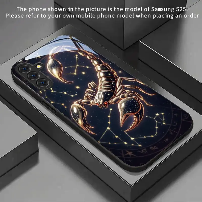 Tempered Glass Smartphone Case - Star Chart Golden Scorpion Design Black Cellphone Accessory for Galaxy S26,S25,S24,S23,S22 Pro,S21,S20 FE Plus Ultra Pro,A56,A55,A54,A53,A52,A51,A36,A35,A34,A32,A26,A25,A24,A23,A16,A15,A14,A06,A05,A03s Handheld Devices